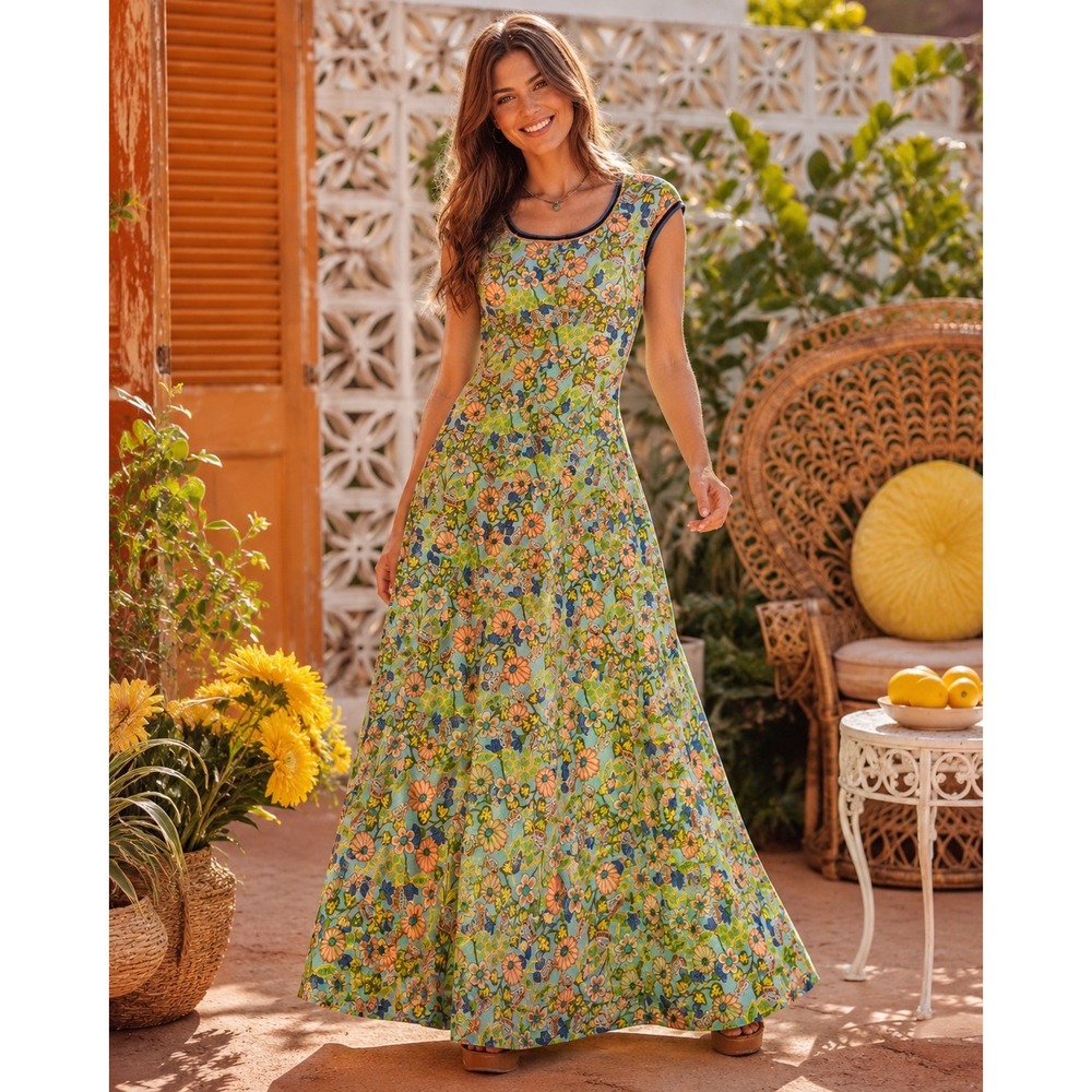 Vtg Anne Fogarty Floral Maxi Dress Green 70s Psychedelic Mod M L 10/12 B36 W32